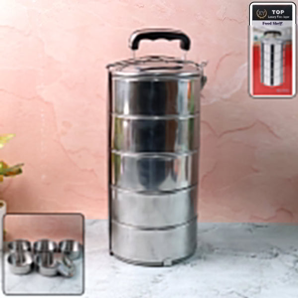 5 Compartment Lunch Box (Stainless Steel): Round Tiffin, Leakproof (16x5")